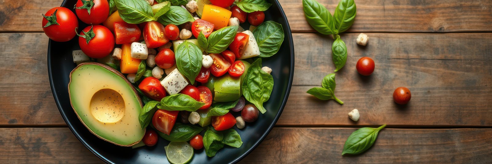 Fresh vegetable and avocado salad served on a black plate with rustic wooden background
